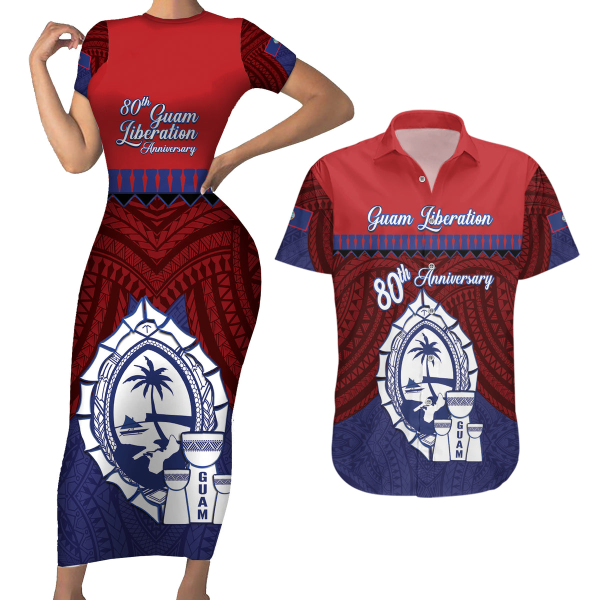Guam Liberation Day Couples Matching Short Sleeve Bodycon Dress and Hawaiian Shirt Biba Guahan Chamorro 80th Anniversary - Blue LT14 Blue - Polynesian Pride
