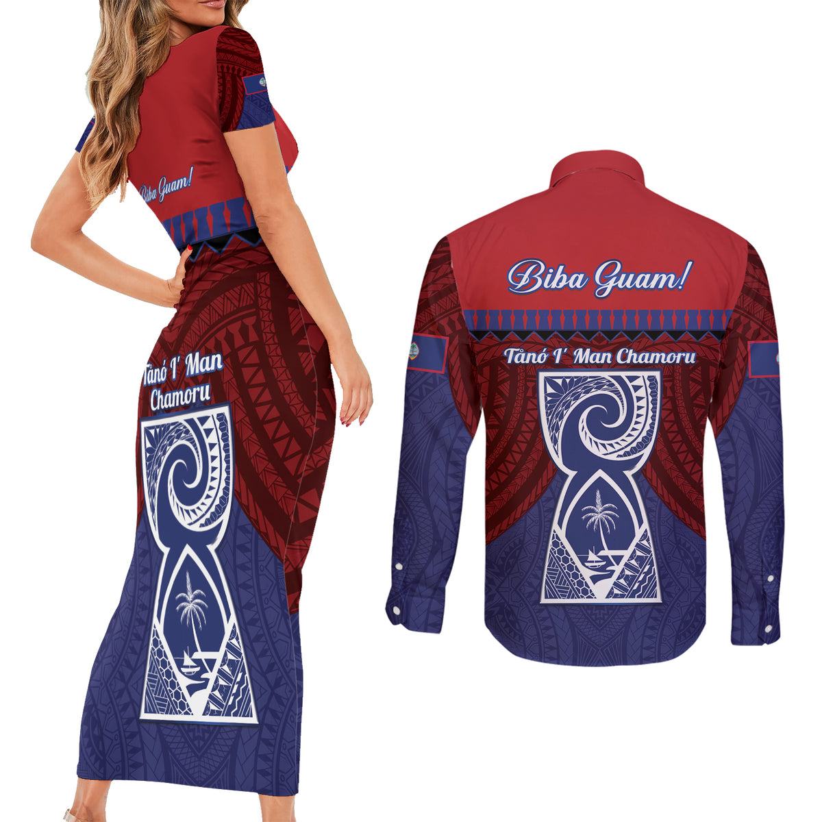 Guam Liberation Day Couples Matching Short Sleeve Bodycon Dress and Long Sleeve Button Shirt Biba Guahan Chamorro 80th Anniversary - Blue LT14 - Polynesian Pride