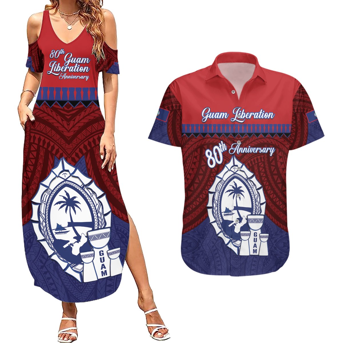 Guam Liberation Day Couples Matching Summer Maxi Dress and Hawaiian Shirt Biba Guahan Chamorro 80th Anniversary - Blue LT14 Blue - Polynesian Pride