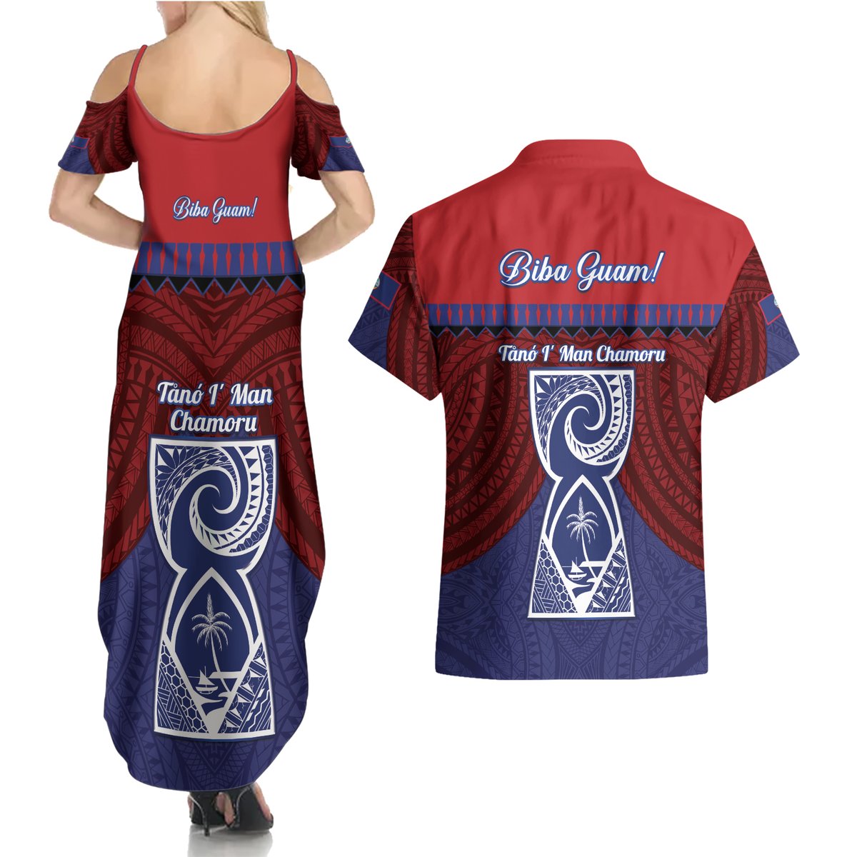Guam Liberation Day Couples Matching Summer Maxi Dress and Hawaiian Shirt Biba Guahan Chamorro 80th Anniversary - Blue LT14 - Polynesian Pride
