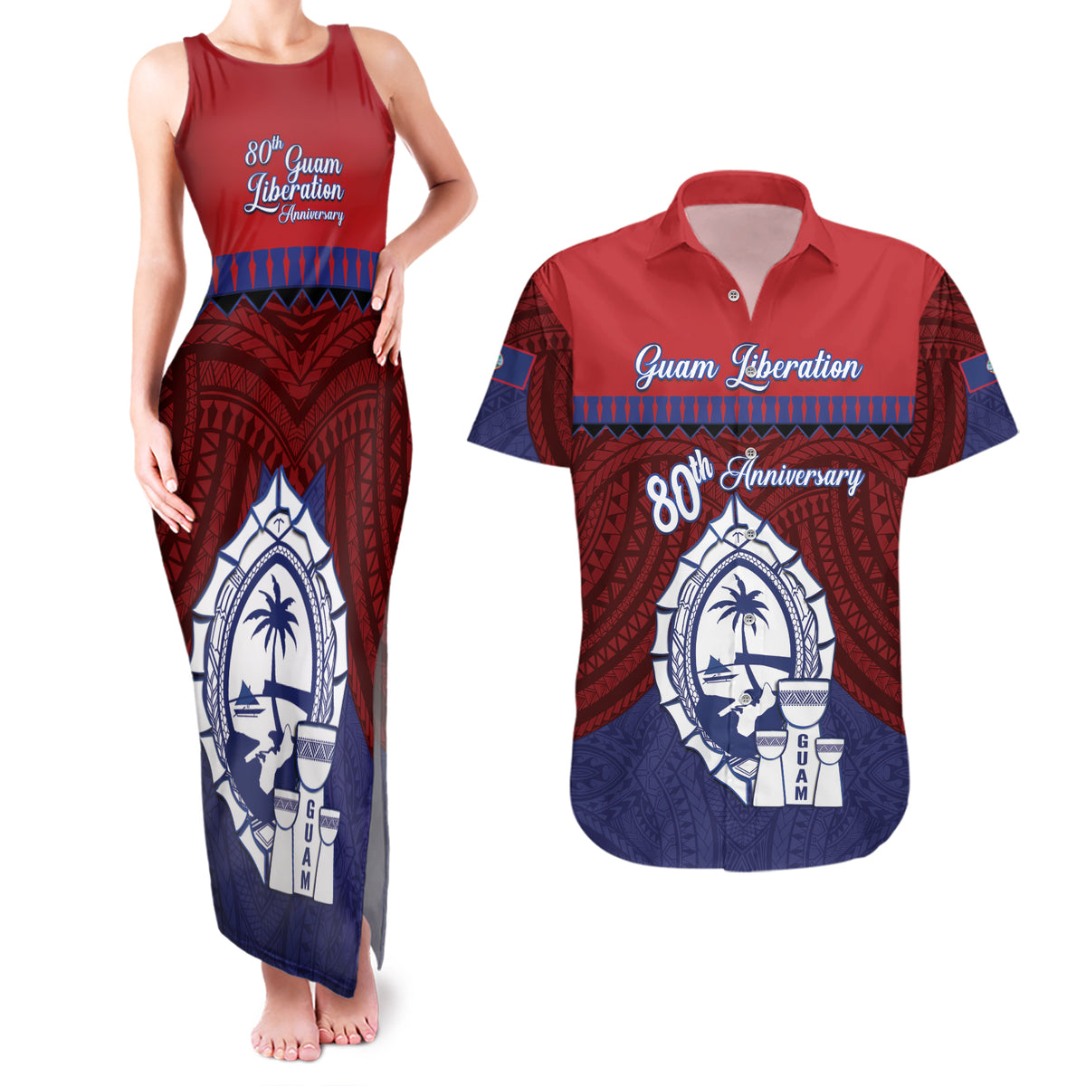 Guam Liberation Day Couples Matching Tank Maxi Dress and Hawaiian Shirt Biba Guahan Chamorro 80th Anniversary - Blue LT14 Blue - Polynesian Pride