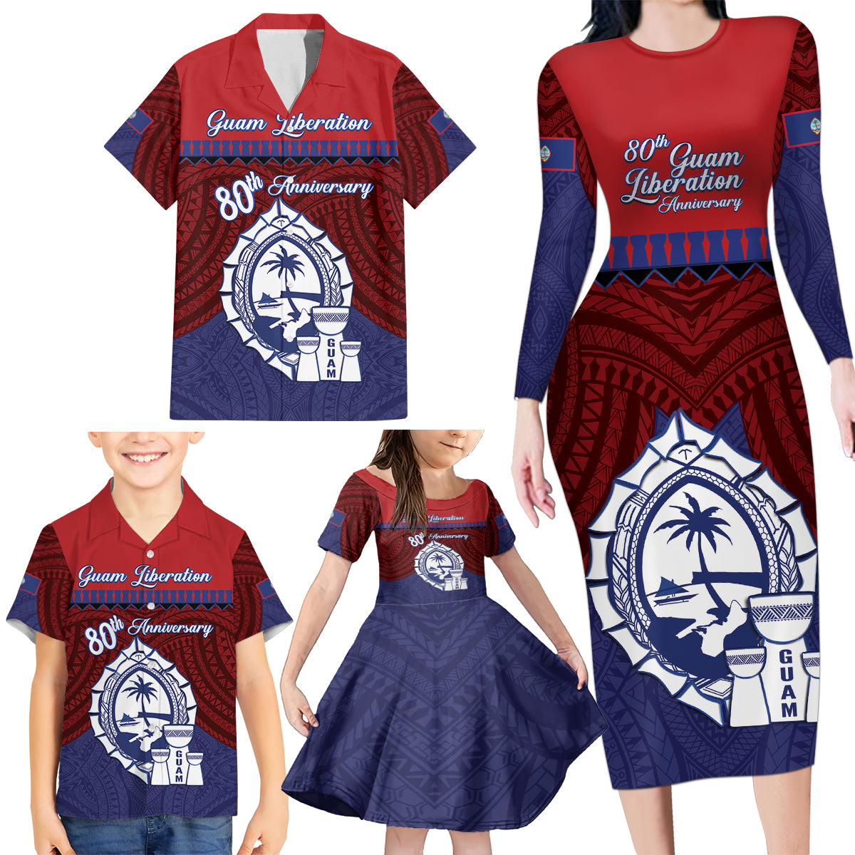 Guam Liberation Day Family Matching Long Sleeve Bodycon Dress and Hawaiian Shirt Biba Guahan Chamorro 80th Anniversary - Blue LT14 - Polynesian Pride