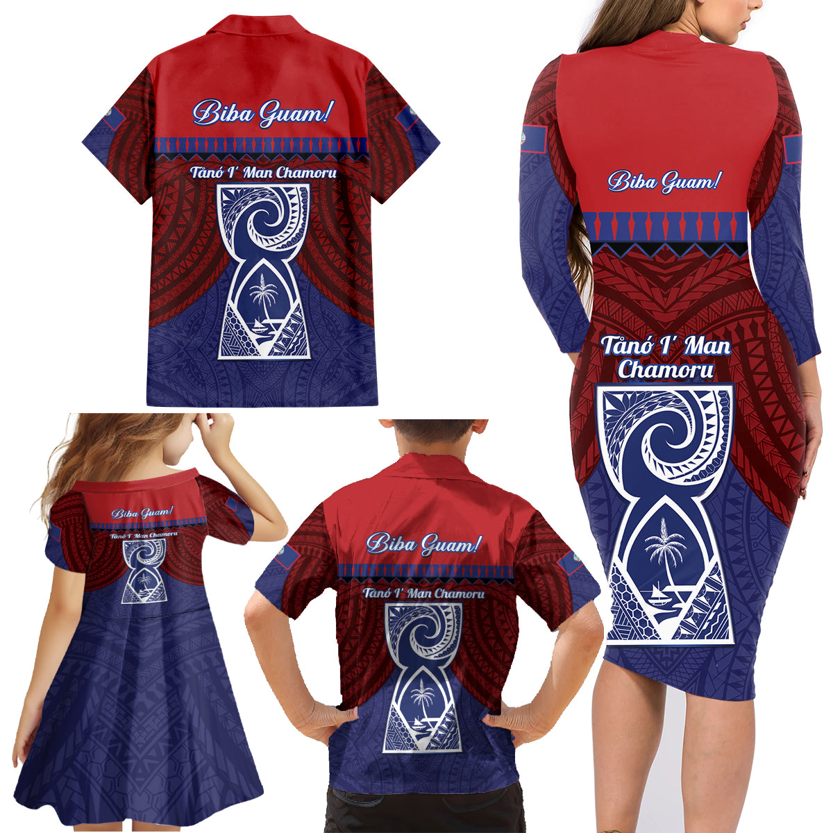 Guam Liberation Day Family Matching Long Sleeve Bodycon Dress and Hawaiian Shirt Biba Guahan Chamorro 80th Anniversary - Blue LT14 - Polynesian Pride