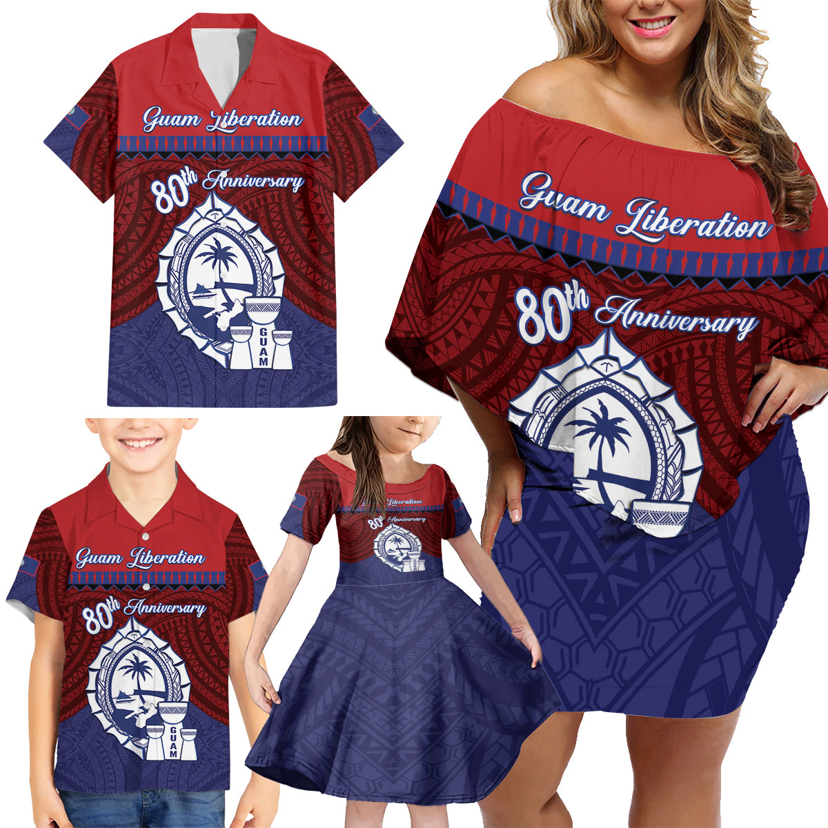 Guam Liberation Day Family Matching Off Shoulder Short Dress and Hawaiian Shirt Biba Guahan Chamorro 80th Anniversary - Blue LT14 - Polynesian Pride