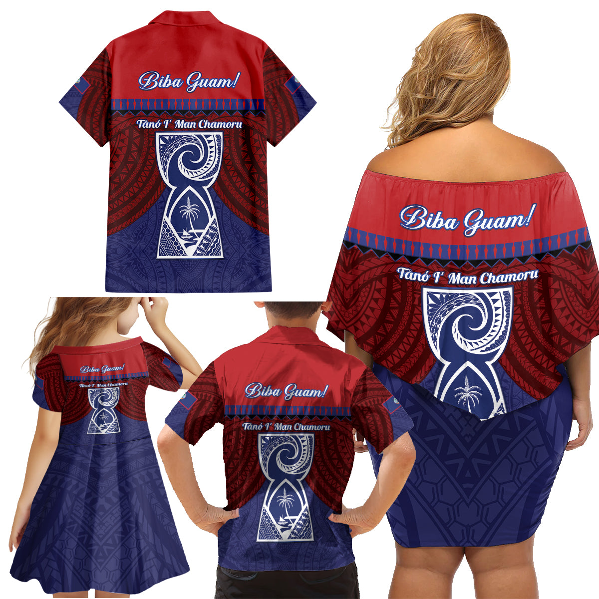 Guam Liberation Day Family Matching Off Shoulder Short Dress and Hawaiian Shirt Biba Guahan Chamorro 80th Anniversary - Blue LT14 - Polynesian Pride