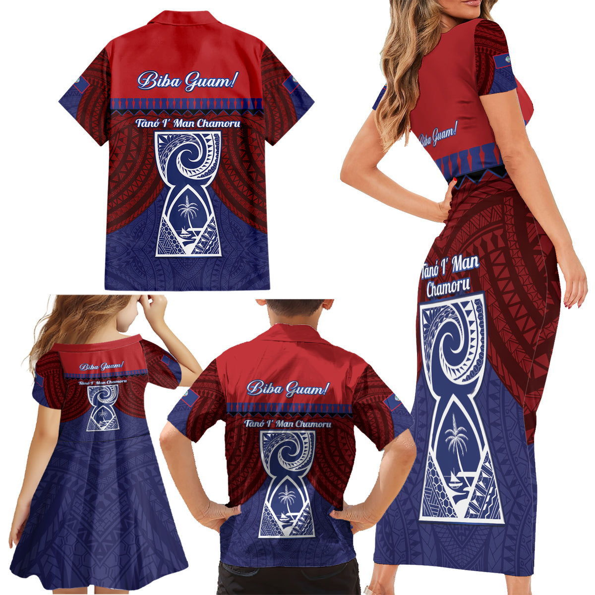 Guam Liberation Day Family Matching Short Sleeve Bodycon Dress and Hawaiian Shirt Biba Guahan Chamorro 80th Anniversary - Blue LT14 - Polynesian Pride