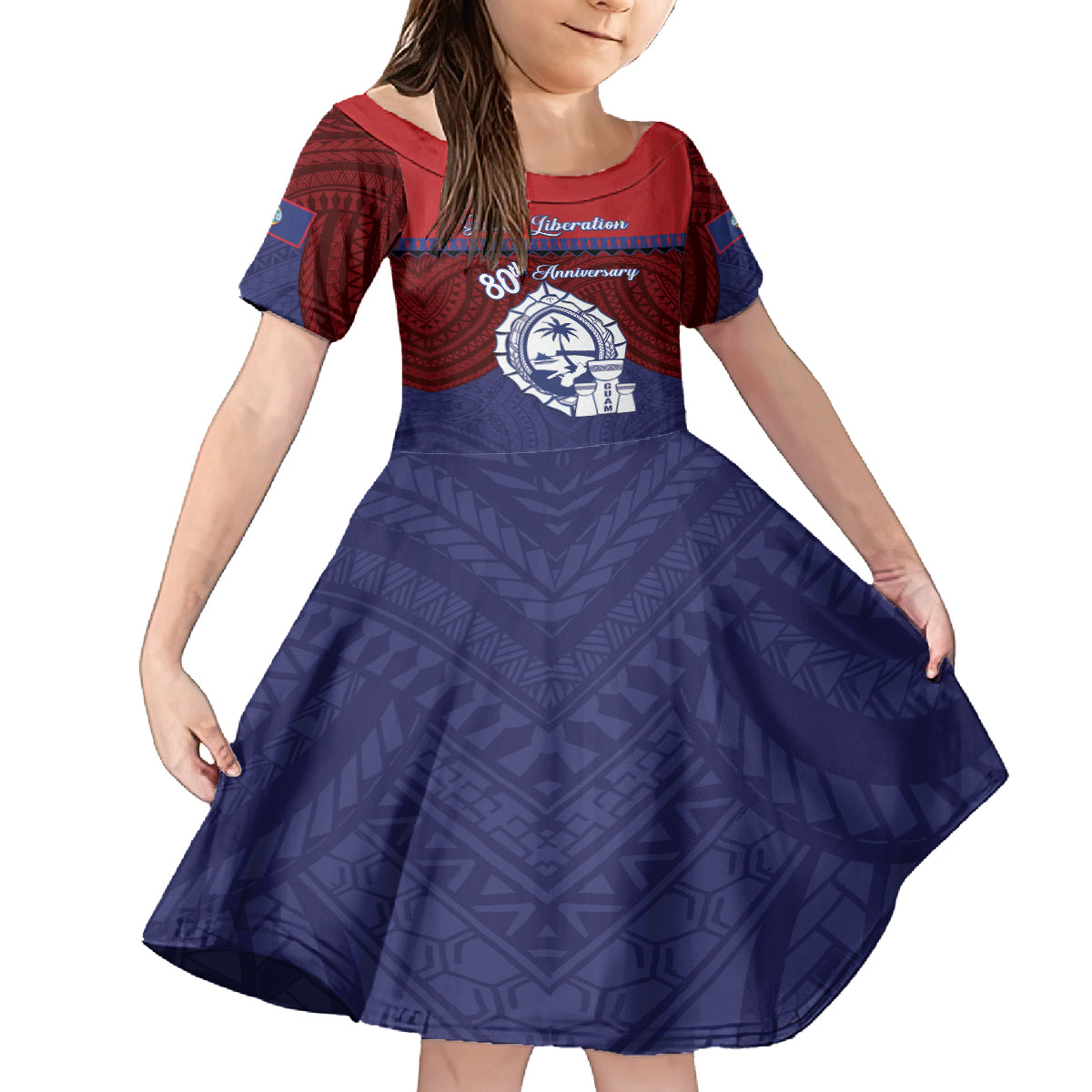Guam Liberation Day Family Matching Summer Maxi Dress and Hawaiian Shirt Biba Guahan Chamorro 80th Anniversary - Blue LT14 Daughter's Dress Blue - Polynesian Pride