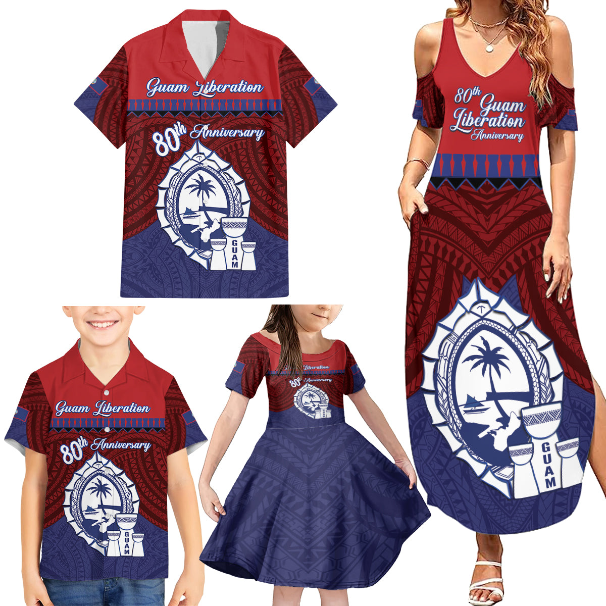 Guam Liberation Day Family Matching Summer Maxi Dress and Hawaiian Shirt Biba Guahan Chamorro 80th Anniversary - Blue LT14 - Polynesian Pride
