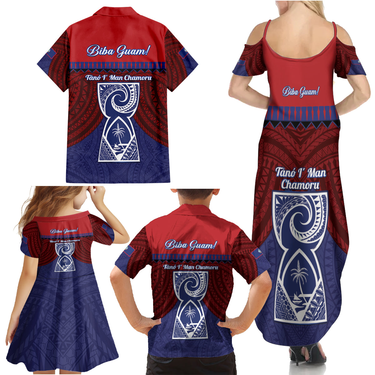 Guam Liberation Day Family Matching Summer Maxi Dress and Hawaiian Shirt Biba Guahan Chamorro 80th Anniversary - Blue LT14 - Polynesian Pride
