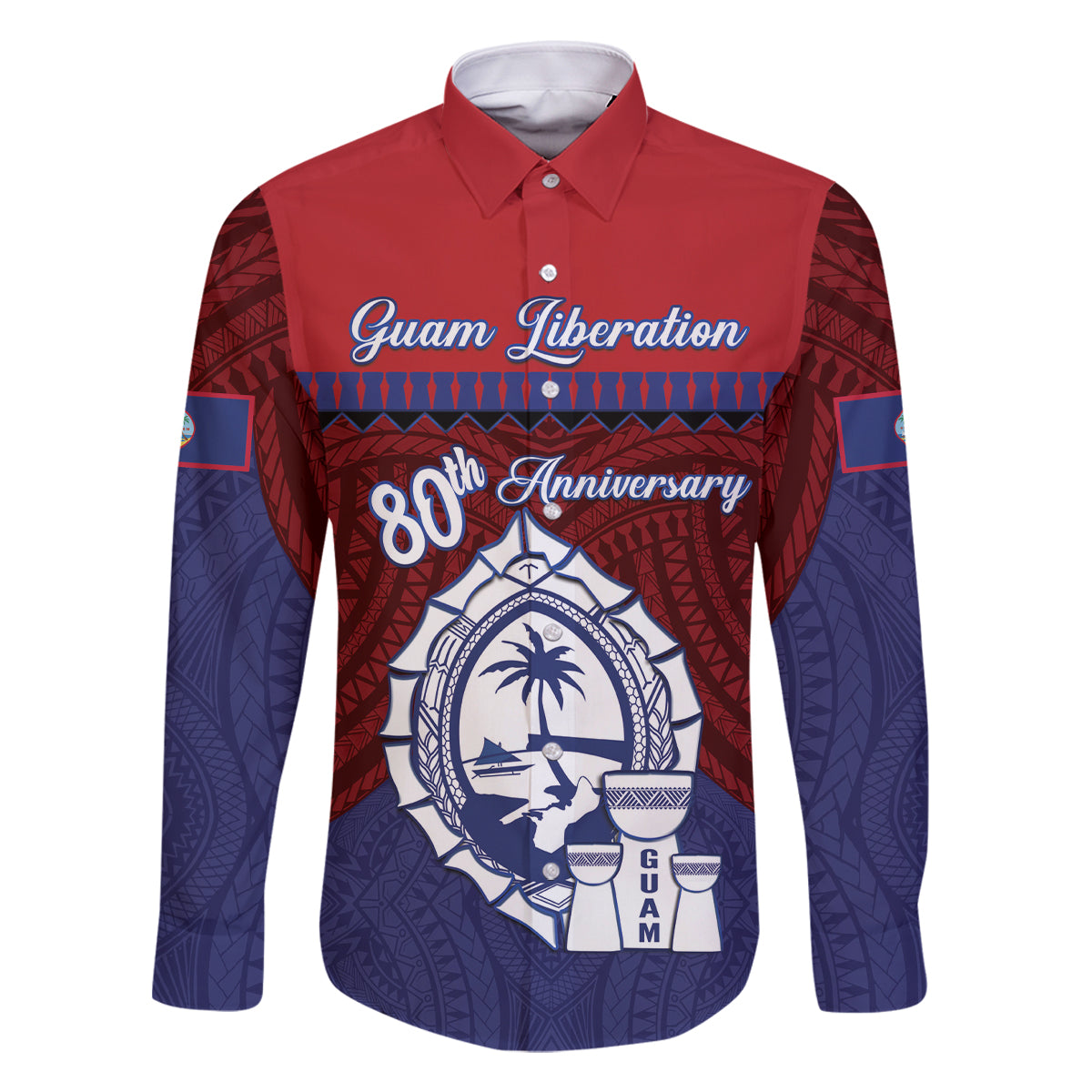 Guam Liberation Day Family Matching Summer Maxi Dress and Hawaiian Shirt Biba Guahan Chamorro 80th Anniversary - Blue LT14 Dad's Shirt - Long Sleeve Blue - Polynesian Pride