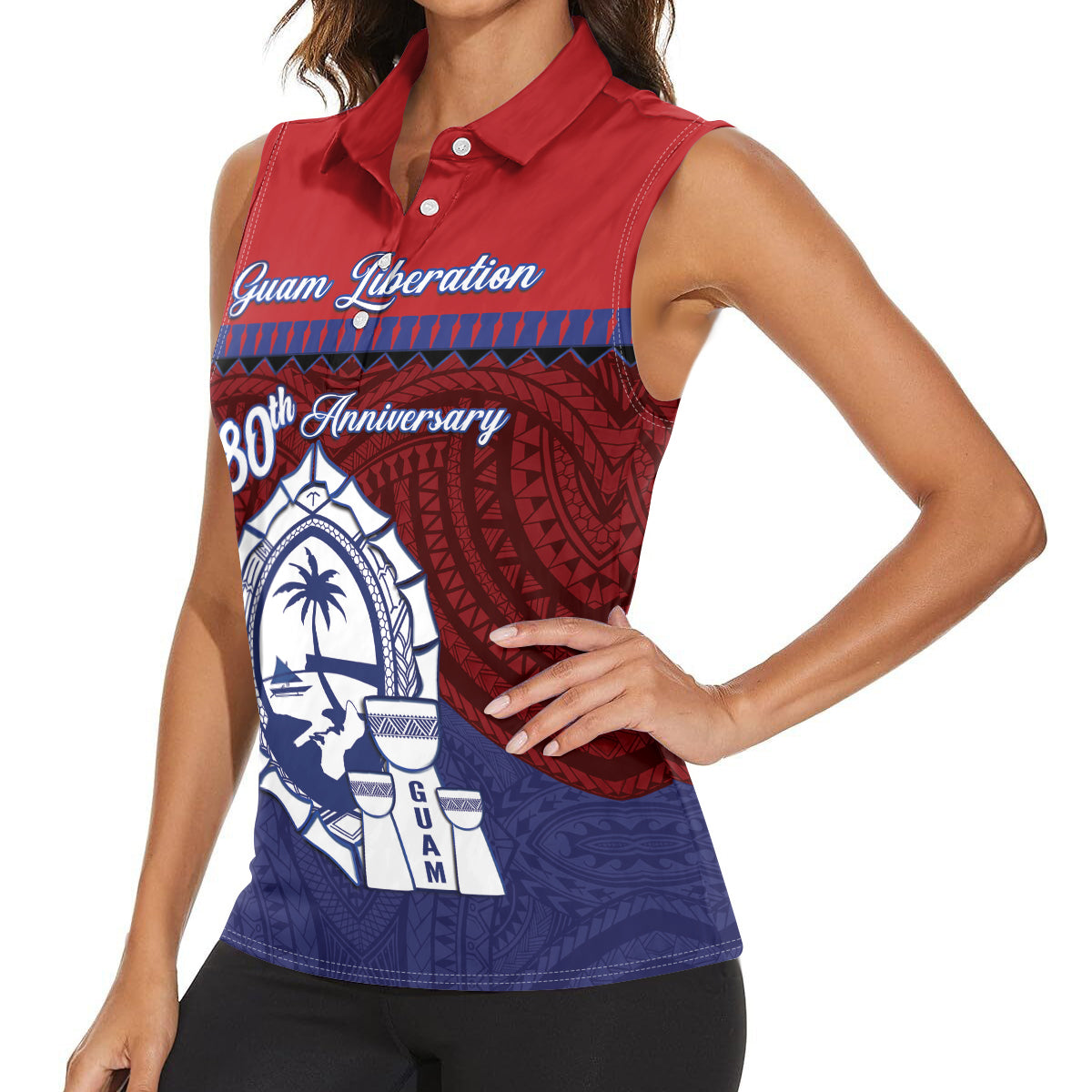 Guam Liberation Day Women Sleeveless Polo Shirt Biba Guahan Chamorro 80th Anniversary - Blue LT14 - Polynesian Pride