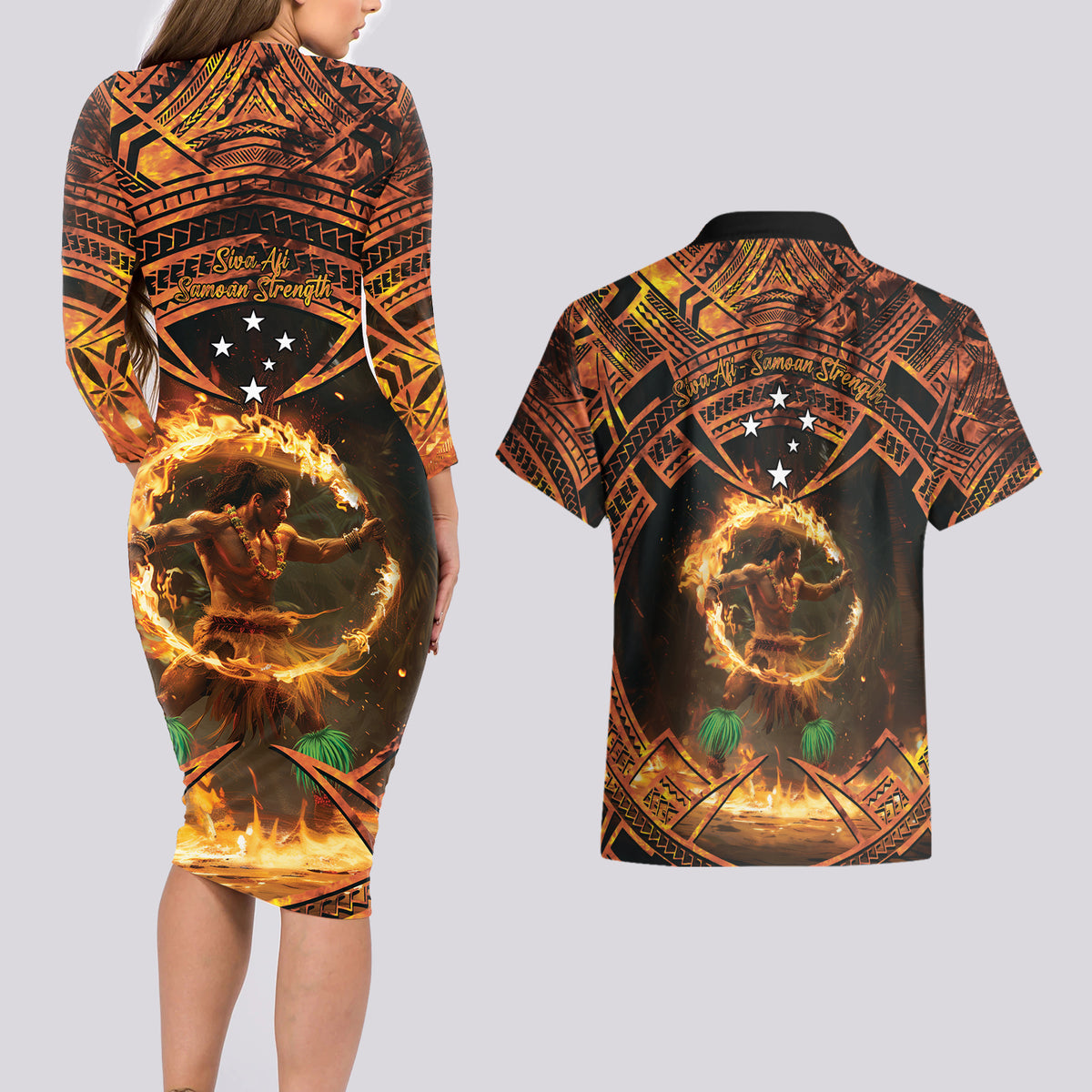 Samoa Teuila 2024 Festival Couples Matching Long Sleeve Bodycon Dress and Hawaiian Shirt Samoan Siva Afi With Red Gingers LT14 - Polynesian Pride