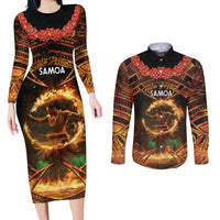 Samoa Teuila 2024 Festival Couples Matching Long Sleeve Bodycon Dress and Long Sleeve Button Shirt Samoan Siva Afi With Red Gingers LT14 Black - Polynesian Pride