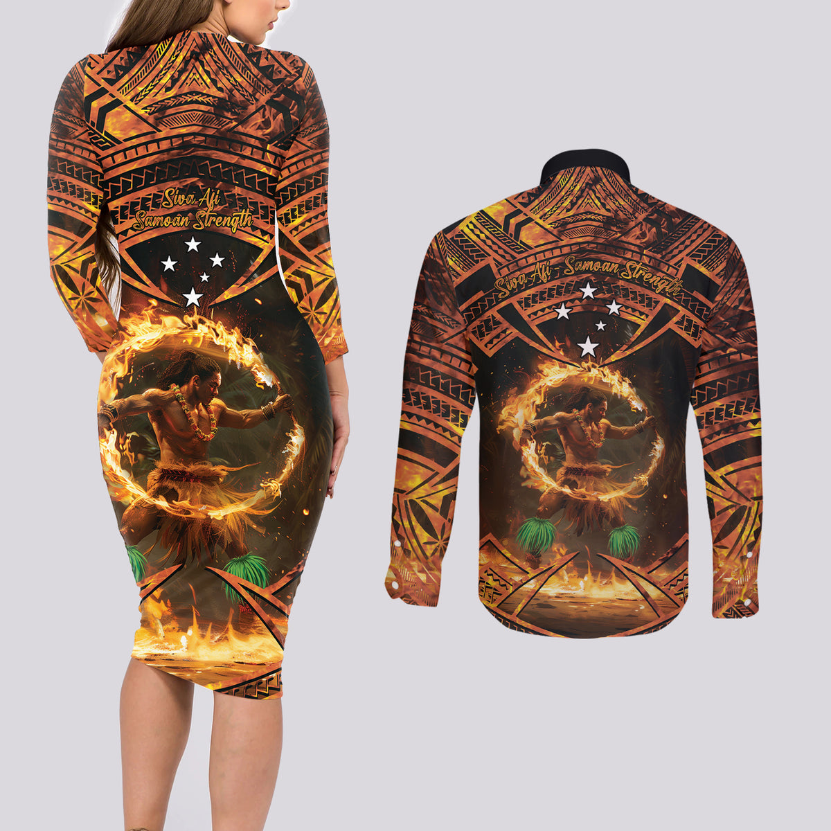 Samoa Teuila 2024 Festival Couples Matching Long Sleeve Bodycon Dress and Long Sleeve Button Shirt Samoan Siva Afi With Red Gingers LT14 - Polynesian Pride