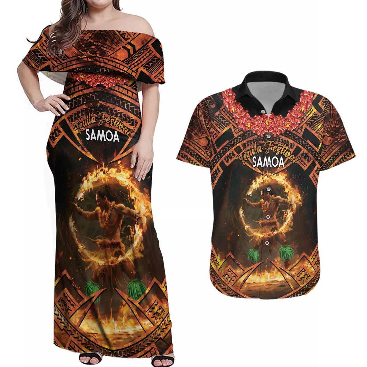 Samoa Teuila 2024 Festival Couples Matching Off Shoulder Maxi Dress and Hawaiian Shirt Samoan Siva Afi With Red Gingers LT14 Black - Polynesian Pride