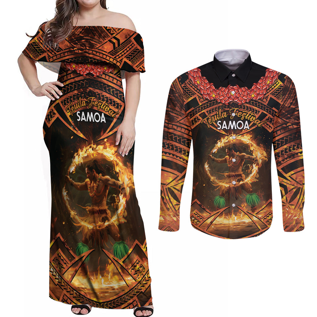 Samoa Teuila 2024 Festival Couples Matching Off Shoulder Maxi Dress and Long Sleeve Button Shirt Samoan Siva Afi With Red Gingers LT14 Black - Polynesian Pride
