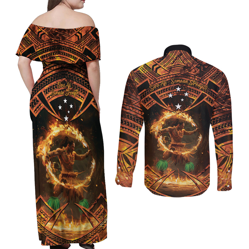 Samoa Teuila 2024 Festival Couples Matching Off Shoulder Maxi Dress and Long Sleeve Button Shirt Samoan Siva Afi With Red Gingers LT14 - Polynesian Pride