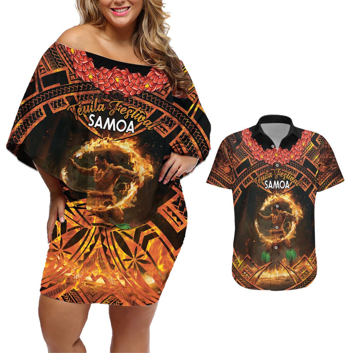 Samoa Teuila 2024 Festival Couples Matching Off Shoulder Short Dress and Hawaiian Shirt Samoan Siva Afi With Red Gingers LT14 Black - Polynesian Pride