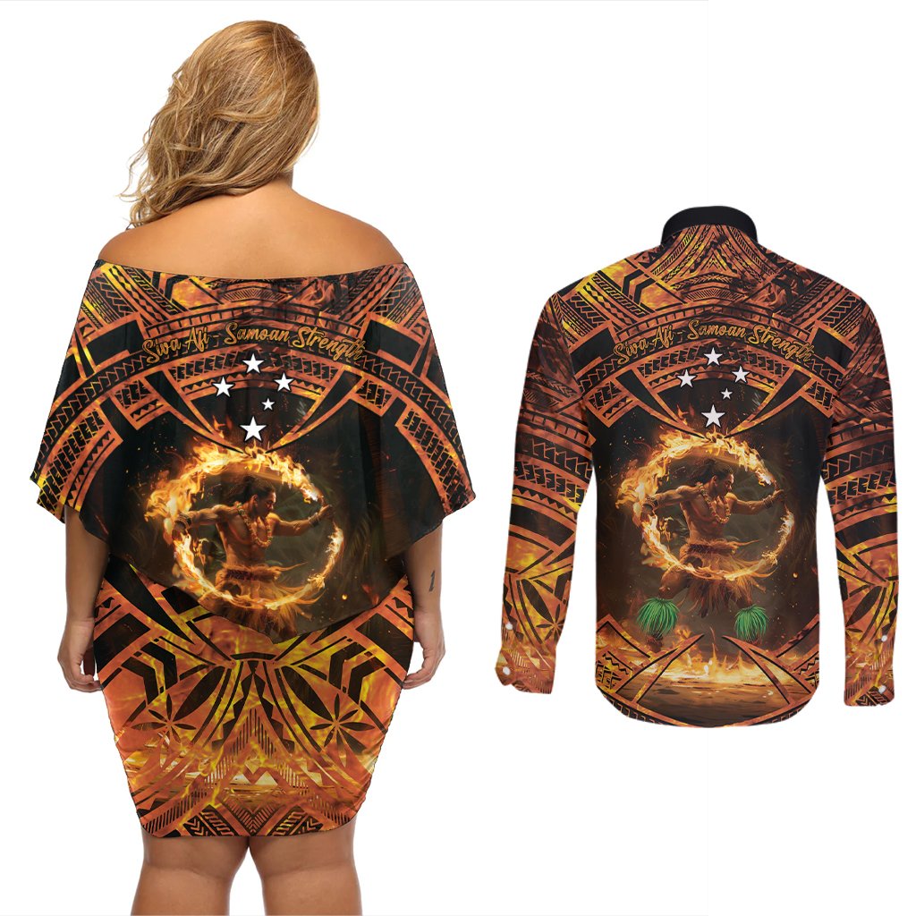 Samoa Teuila 2024 Festival Couples Matching Off Shoulder Short Dress and Long Sleeve Button Shirt Samoan Siva Afi With Red Gingers LT14 - Polynesian Pride