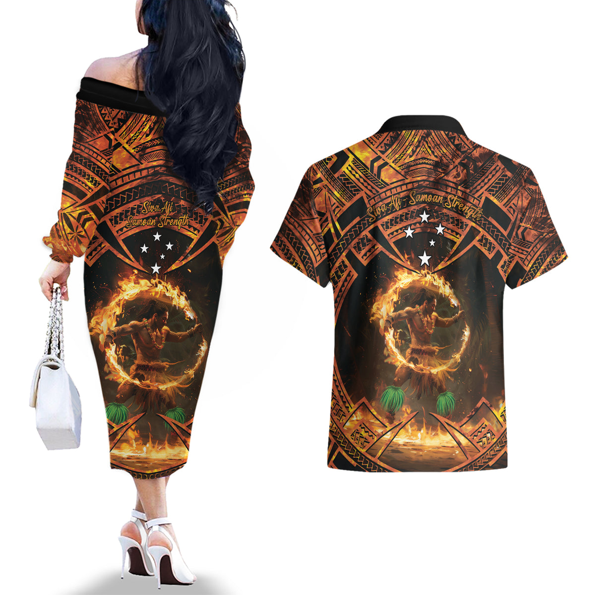 Samoa Teuila 2024 Festival Couples Matching Off The Shoulder Long Sleeve Dress and Hawaiian Shirt Samoan Siva Afi With Red Gingers LT14 - Polynesian Pride