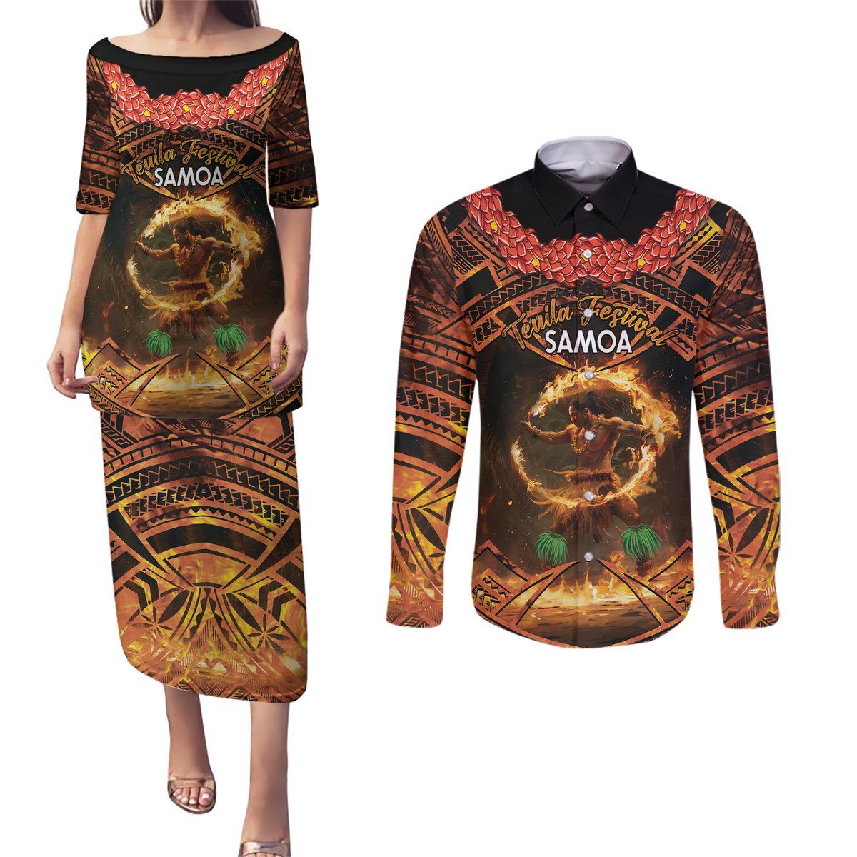 Samoa Teuila 2024 Festival Couples Matching Puletasi and Long Sleeve Button Shirt Samoan Siva Afi With Red Gingers LT14 Black - Polynesian Pride
