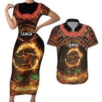 Samoa Teuila 2024 Festival Couples Matching Short Sleeve Bodycon Dress and Hawaiian Shirt Samoan Siva Afi With Red Gingers LT14 Black - Polynesian Pride
