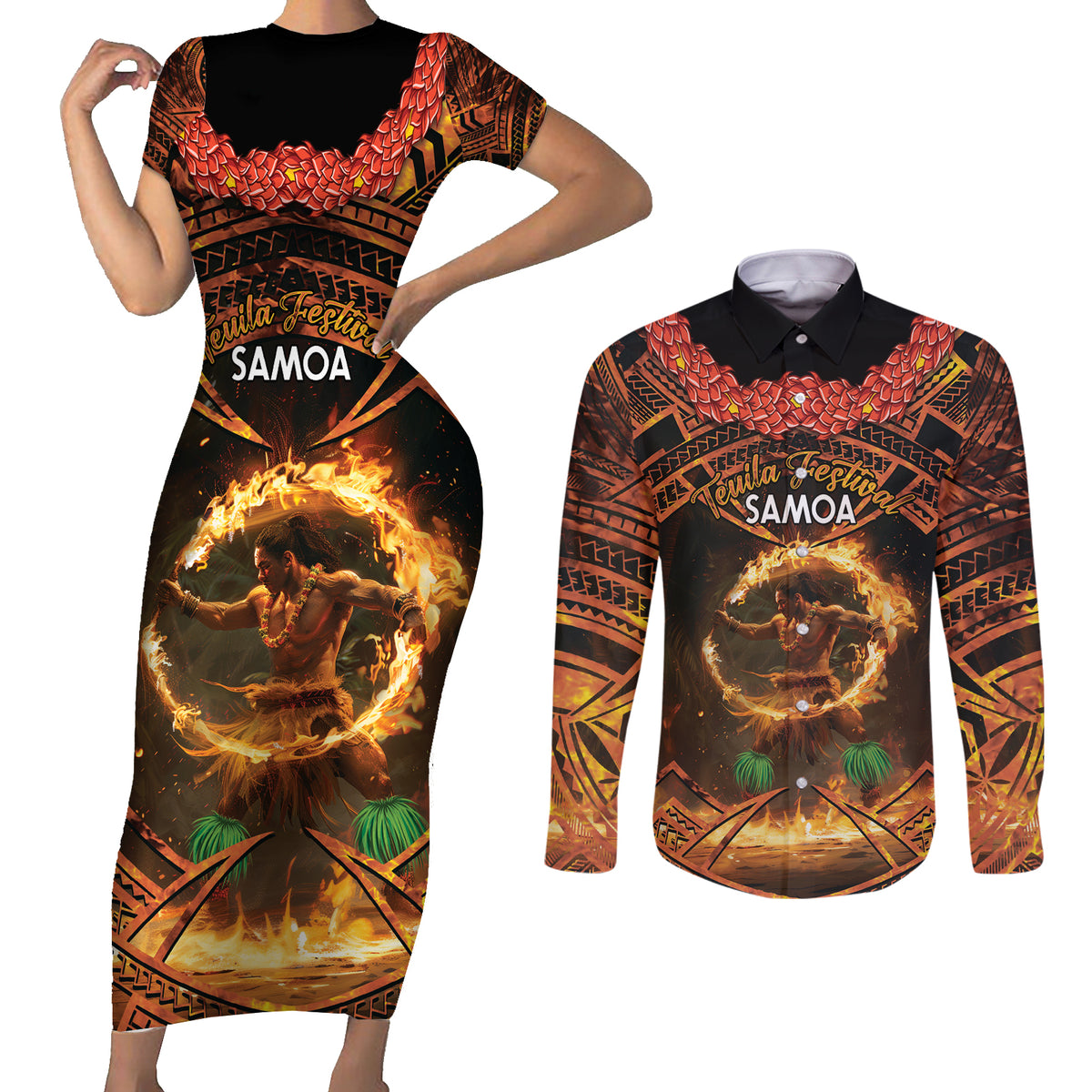 Samoa Teuila 2024 Festival Couples Matching Short Sleeve Bodycon Dress and Long Sleeve Button Shirt Samoan Siva Afi With Red Gingers LT14 Black - Polynesian Pride
