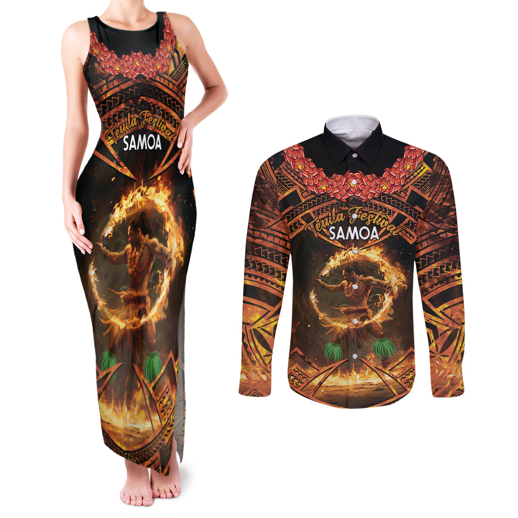 Samoa Teuila 2024 Festival Couples Matching Tank Maxi Dress and Long Sleeve Button Shirt Samoan Siva Afi With Red Gingers LT14 Black - Polynesian Pride