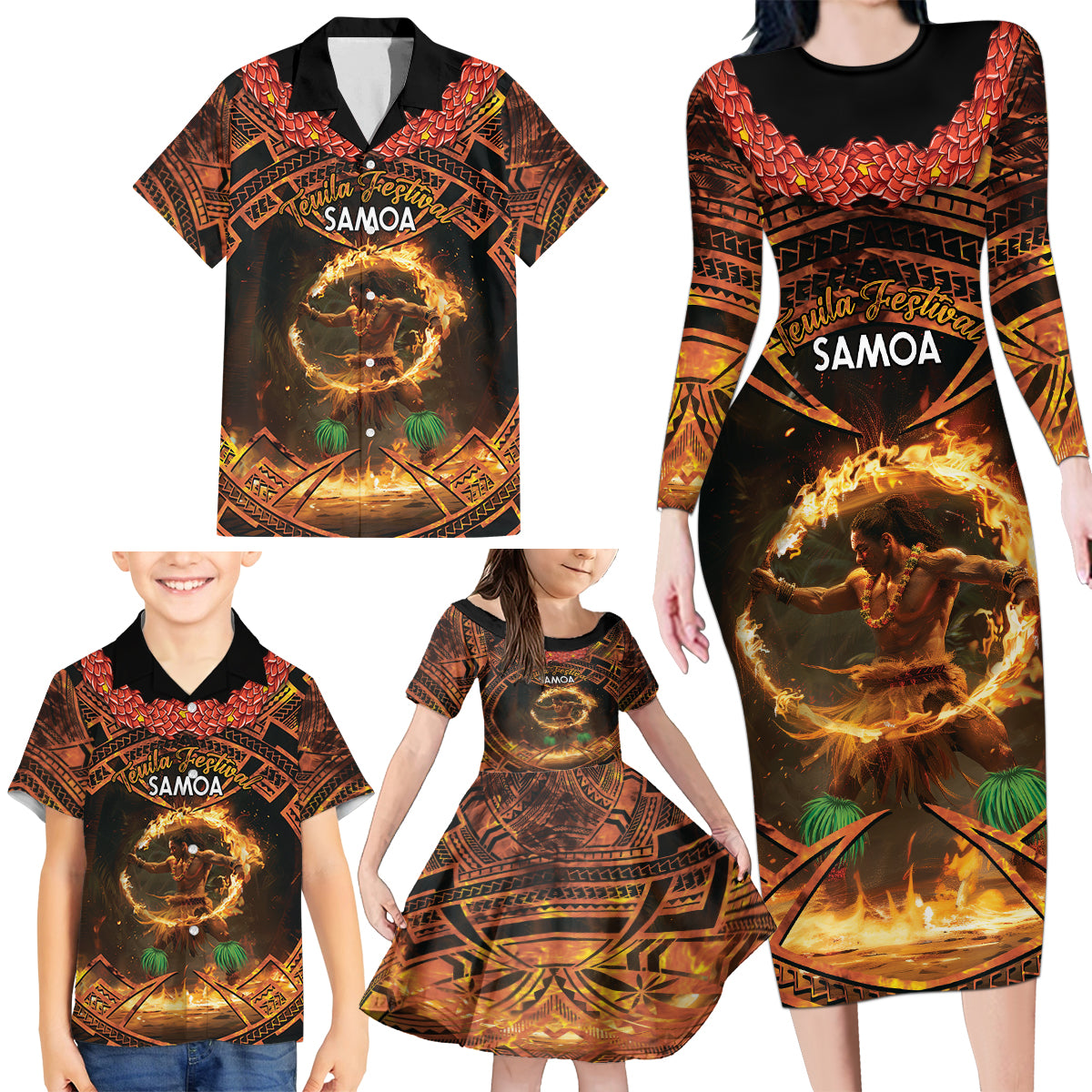Samoa Teuila 2024 Festival Family Matching Long Sleeve Bodycon Dress and Hawaiian Shirt Samoan Siva Afi With Red Gingers LT14 - Polynesian Pride