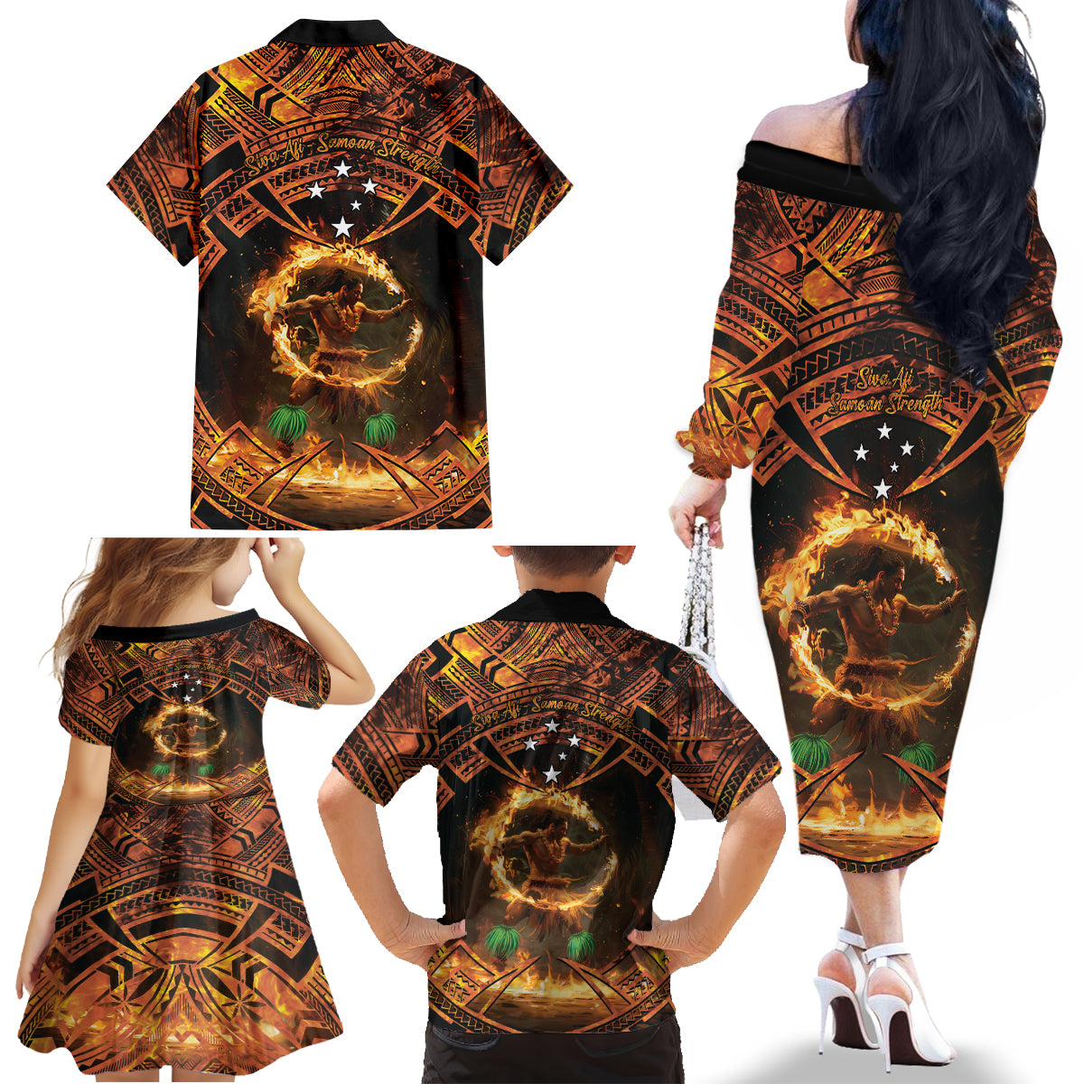 Samoa Teuila 2024 Festival Family Matching Off The Shoulder Long Sleeve Dress and Hawaiian Shirt Samoan Siva Afi With Red Gingers LT14 - Polynesian Pride