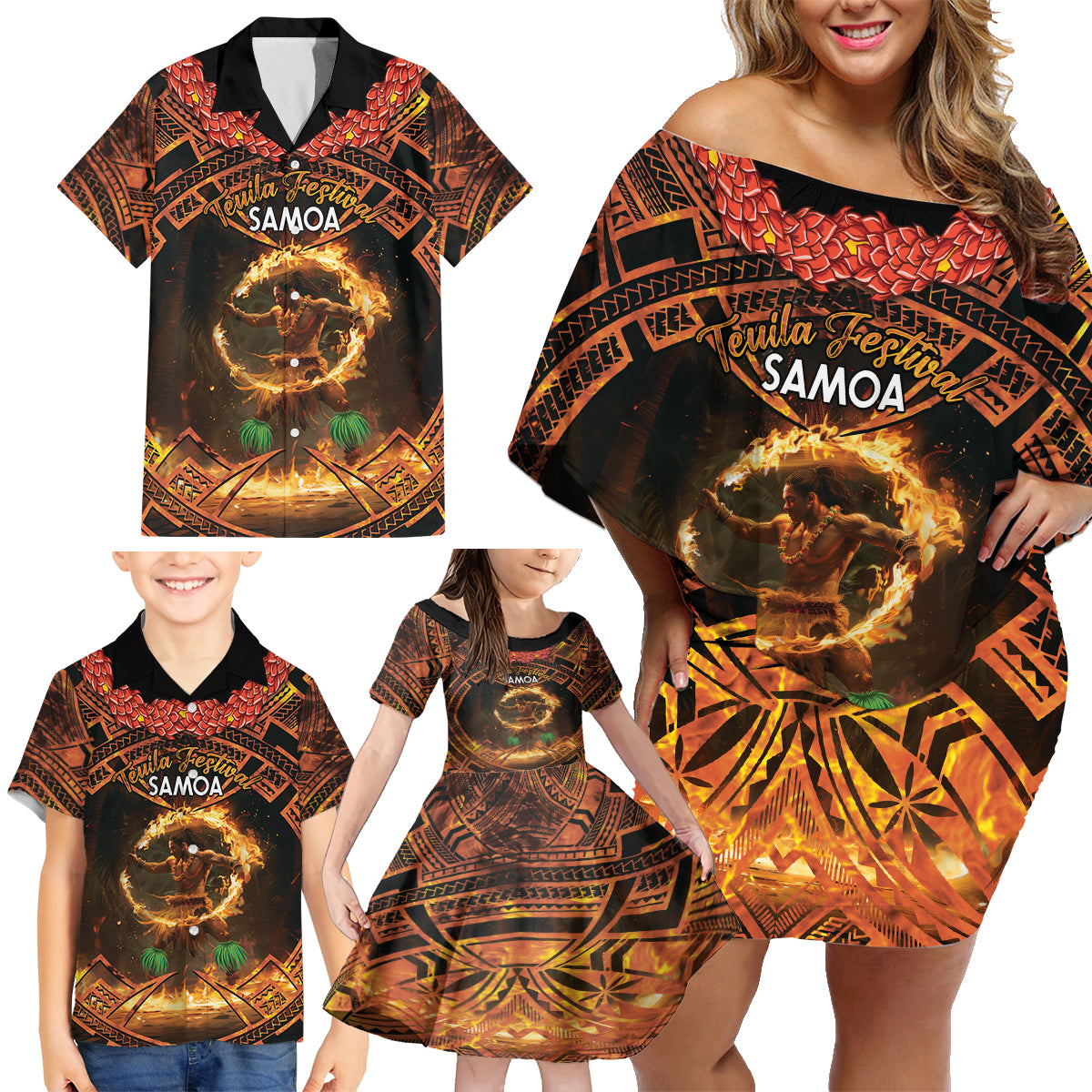 Samoa Teuila 2024 Festival Family Matching Off Shoulder Short Dress and Hawaiian Shirt Samoan Siva Afi With Red Gingers LT14 - Polynesian Pride