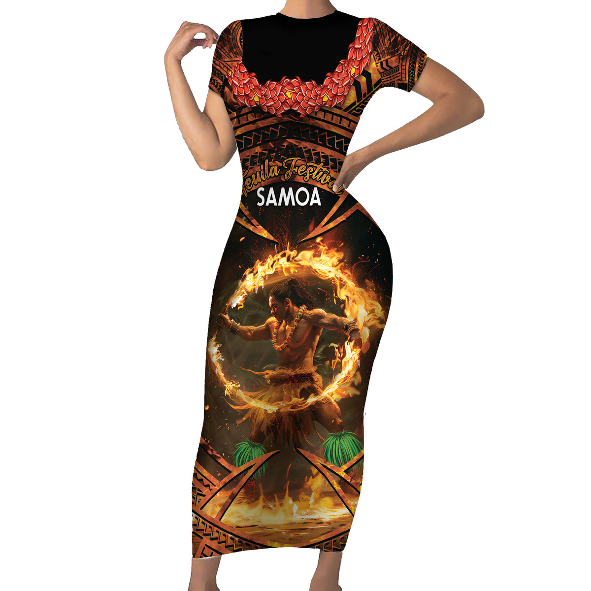 Samoa Teuila 2024 Festival Family Matching Short Sleeve Bodycon Dress and Hawaiian Shirt Samoan Siva Afi With Red Gingers LT14 Mom's Dress Black - Polynesian Pride