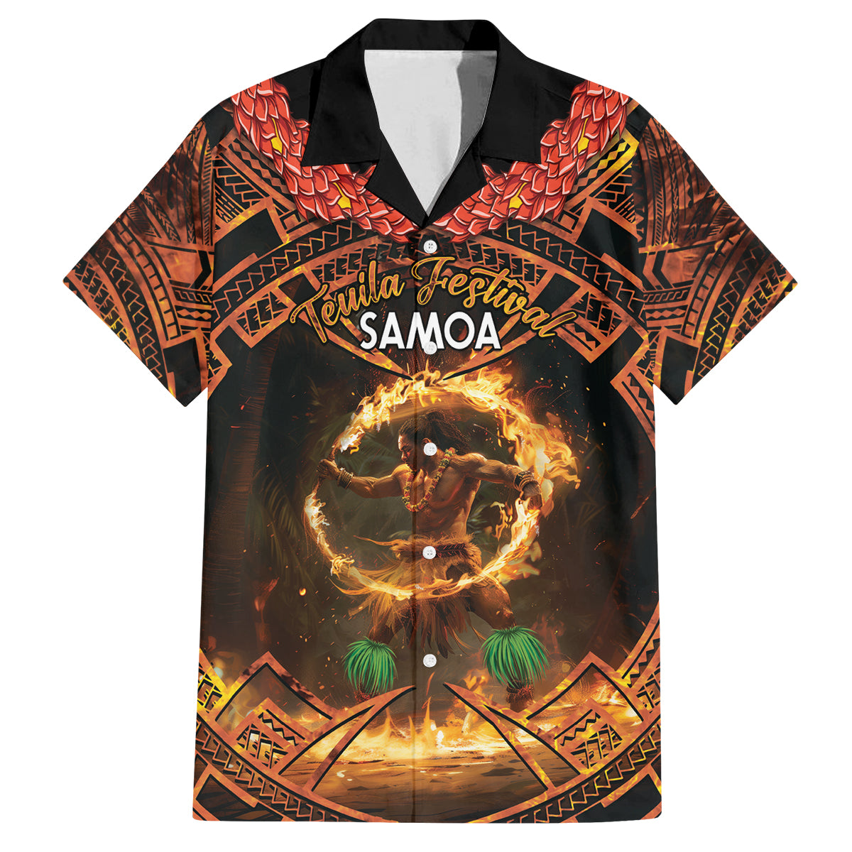 Samoa Teuila 2024 Festival Family Matching Summer Maxi Dress and Hawaiian Shirt Samoan Siva Afi With Red Gingers LT14 Dad's Shirt - Short Sleeve Black - Polynesian Pride