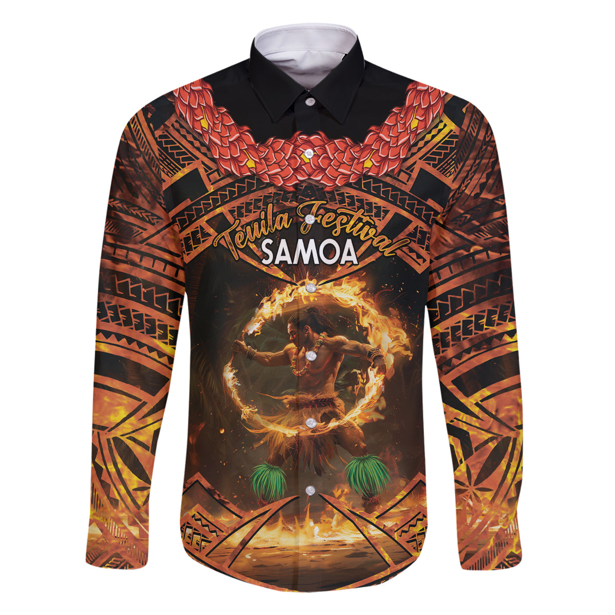Samoa Teuila 2024 Festival Family Matching Summer Maxi Dress and Hawaiian Shirt Samoan Siva Afi With Red Gingers LT14 Dad's Shirt - Long Sleeve Black - Polynesian Pride