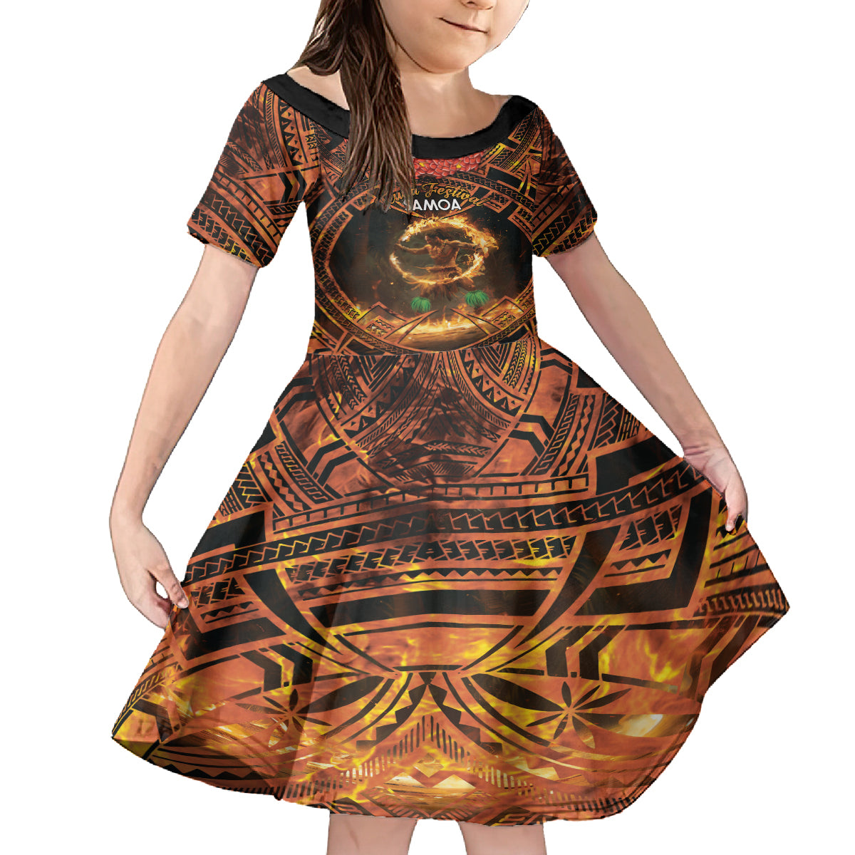 Samoa Teuila 2024 Festival Family Matching Tank Maxi Dress and Hawaiian Shirt Samoan Siva Afi With Red Gingers LT14 Daughter's Dress Black - Polynesian Pride