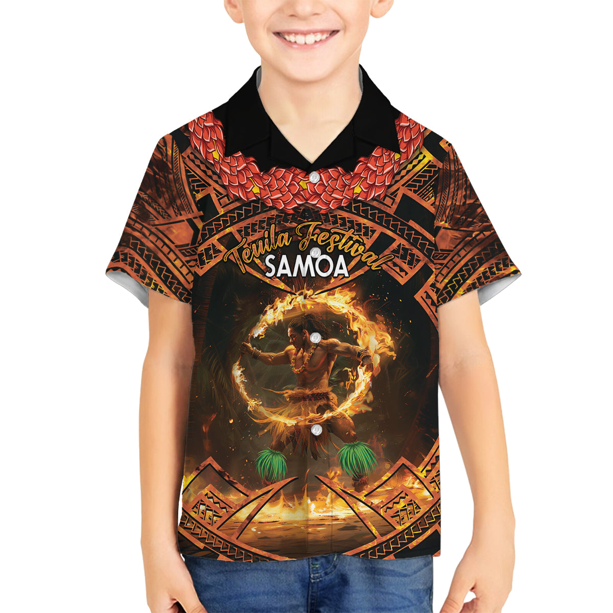 Samoa Teuila 2024 Festival Family Matching Tank Maxi Dress and Hawaiian Shirt Samoan Siva Afi With Red Gingers LT14 Son's Shirt Black - Polynesian Pride