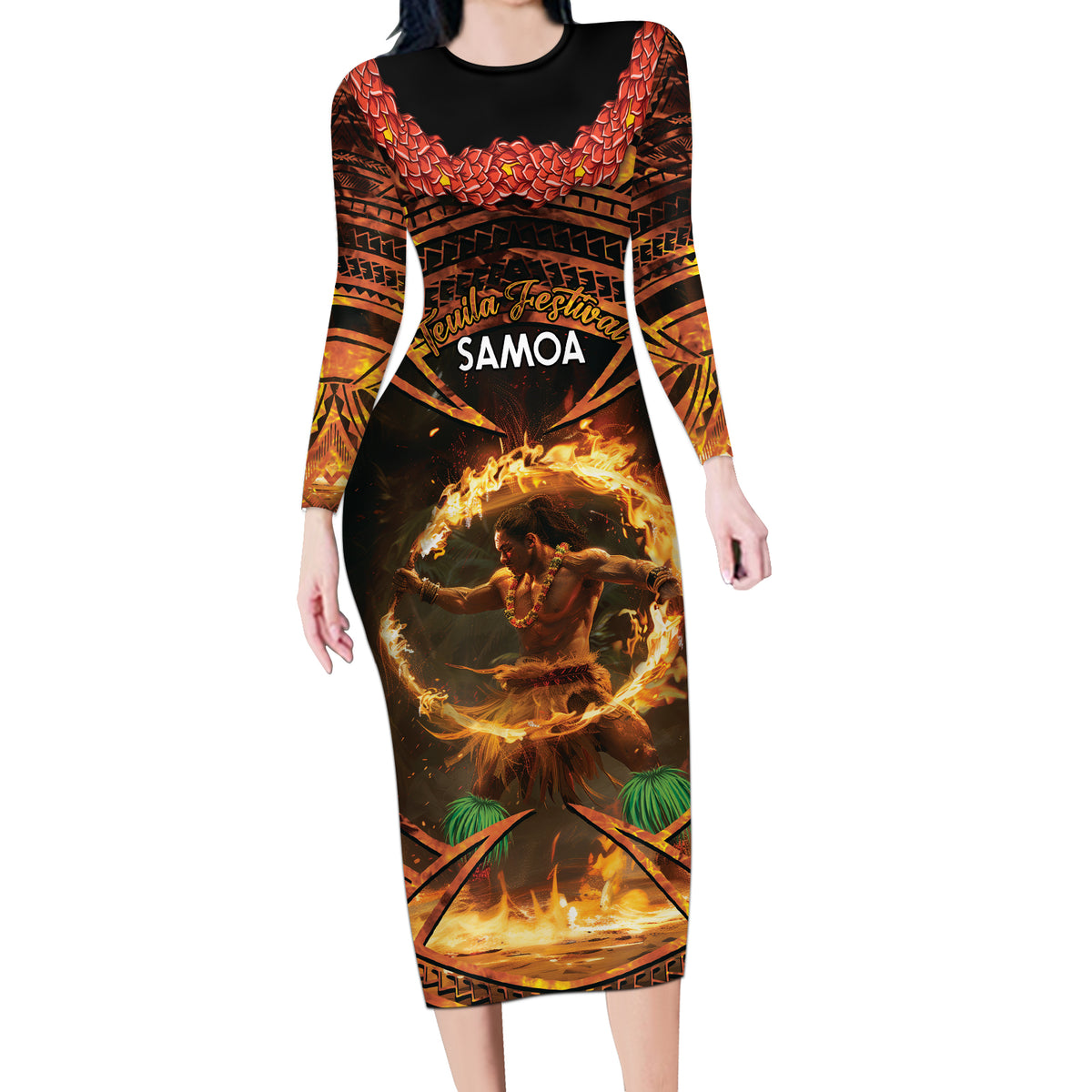 Samoa Teuila 2024 Festival Long Sleeve Bodycon Dress Samoan Siva Afi With Red Gingers LT14 Long Dress Black - Polynesian Pride