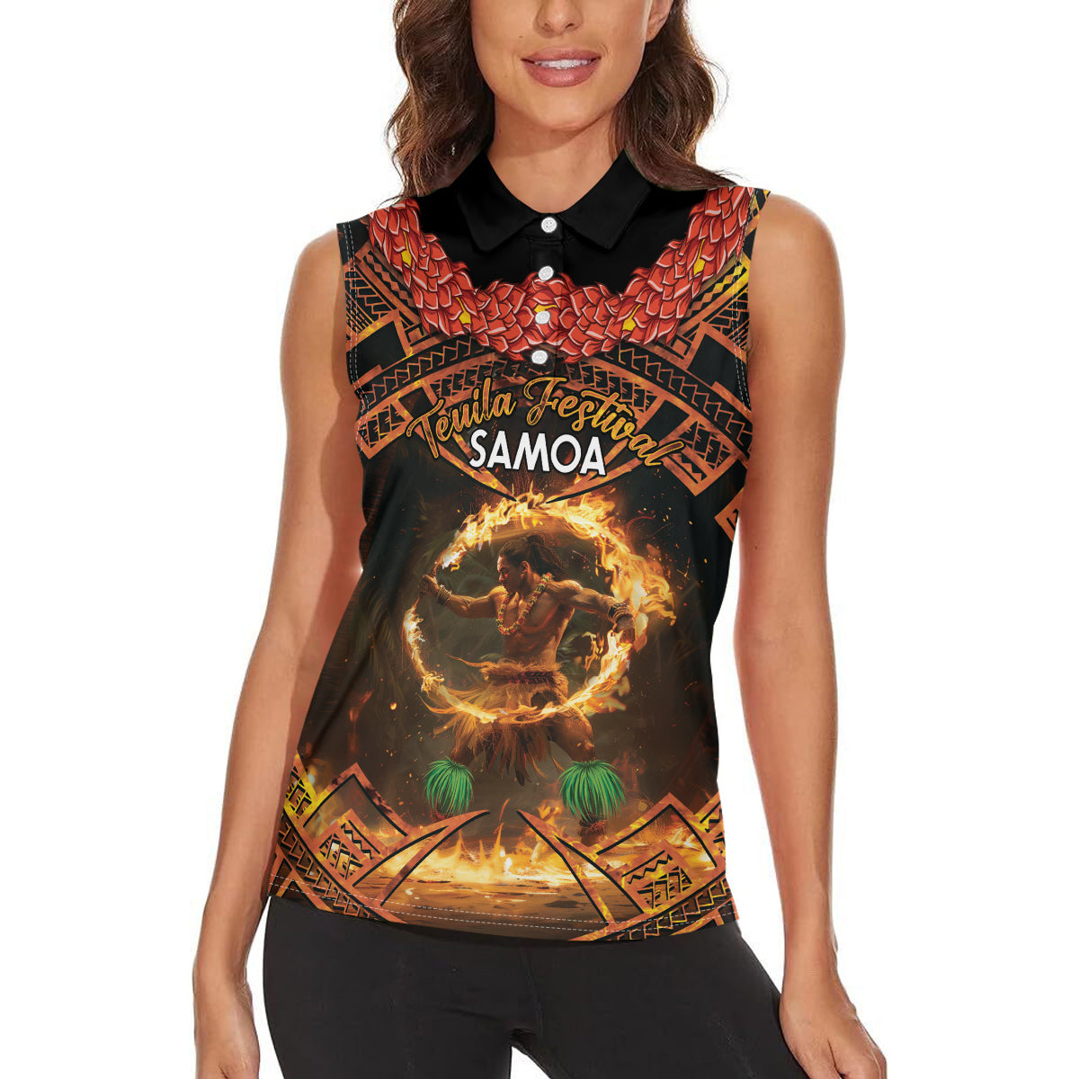 Samoa Teuila 2024 Festival Women Sleeveless Polo Shirt Samoan Siva Afi With Red Gingers LT14 - Polynesian Pride