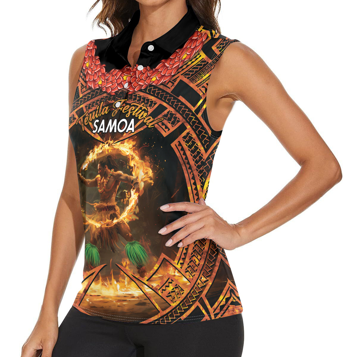 Samoa Teuila 2024 Festival Women Sleeveless Polo Shirt Samoan Siva Afi With Red Gingers LT14 - Polynesian Pride