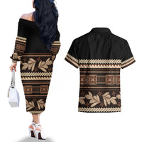 Black Samoa Siapo Teuila Flowers Couples Matching Off The Shoulder Long Sleeve Dress and Hawaiian Shirt LT14 - Polynesian Pride