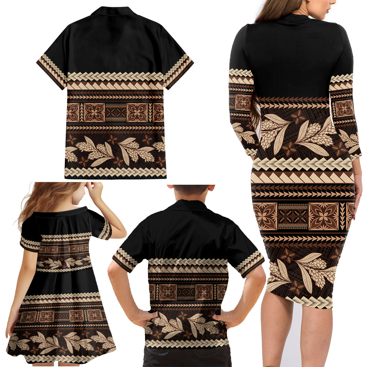 Black Samoa Siapo Teuila Flowers Family Matching Long Sleeve Bodycon Dress and Hawaiian Shirt LT14 - Polynesian Pride