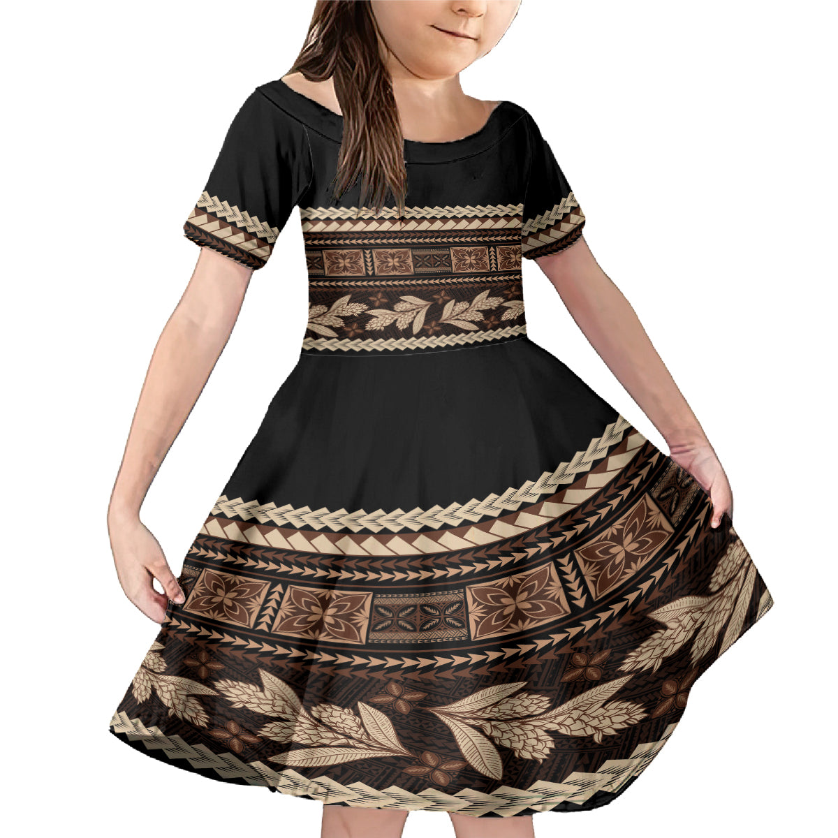 Black Samoa Siapo Teuila Flowers Family Matching Mermaid Dress and Hawaiian Shirt LT14 Daughter's Dress Black - Polynesian Pride