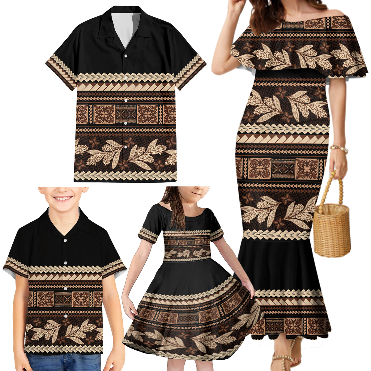 Black Samoa Siapo Teuila Flowers Family Matching Mermaid Dress and Hawaiian Shirt LT14 - Polynesian Pride
