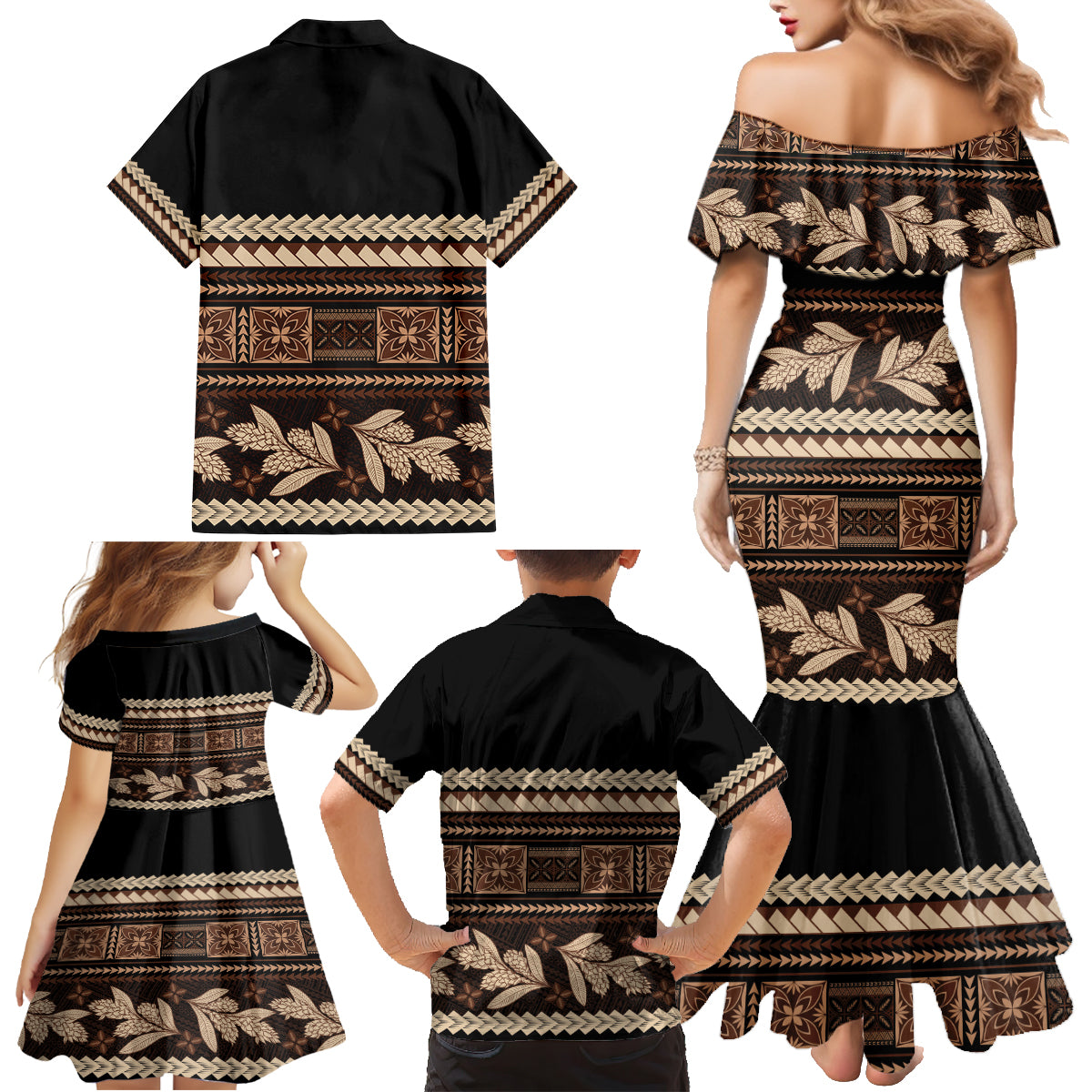 Black Samoa Siapo Teuila Flowers Family Matching Mermaid Dress and Hawaiian Shirt LT14 - Polynesian Pride