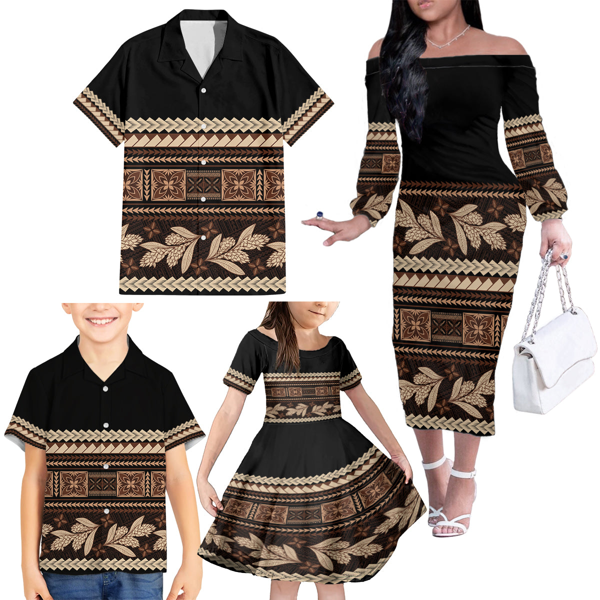 Black Samoa Siapo Teuila Flowers Family Matching Off The Shoulder Long Sleeve Dress and Hawaiian Shirt LT14 - Polynesian Pride