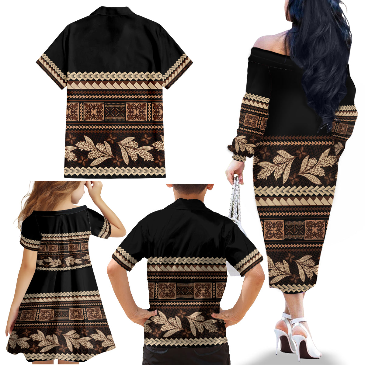 Black Samoa Siapo Teuila Flowers Family Matching Off The Shoulder Long Sleeve Dress and Hawaiian Shirt LT14 - Polynesian Pride