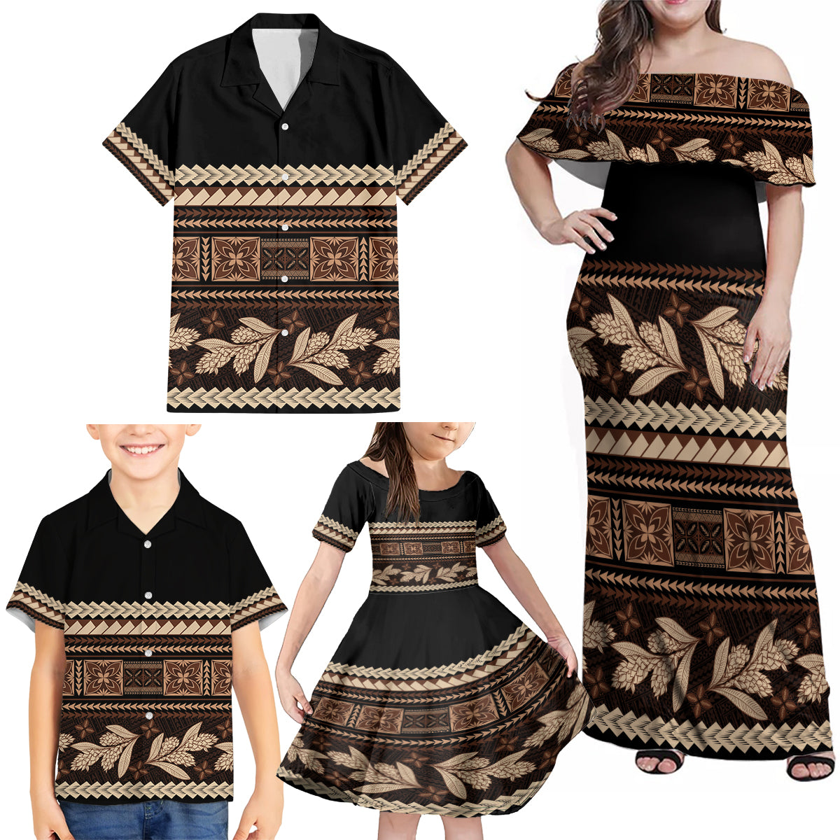 Black Samoa Siapo Teuila Flowers Family Matching Off Shoulder Maxi Dress and Hawaiian Shirt LT14 - Polynesian Pride