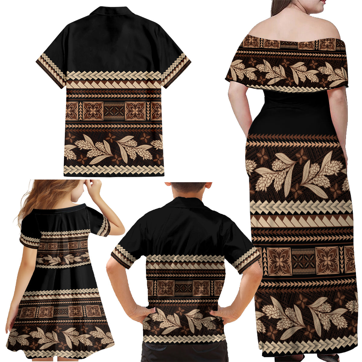 Black Samoa Siapo Teuila Flowers Family Matching Off Shoulder Maxi Dress and Hawaiian Shirt LT14 - Polynesian Pride