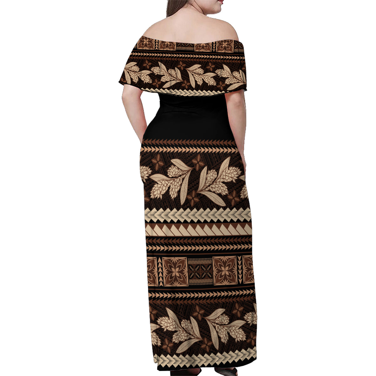 Black Samoa Siapo Teuila Flowers Family Matching Off Shoulder Maxi Dress and Hawaiian Shirt LT14 - Polynesian Pride