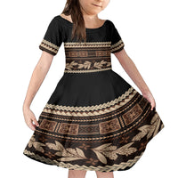 Black Samoa Siapo Teuila Flowers Family Matching Off Shoulder Short Dress and Hawaiian Shirt LT14 Daughter's Dress Black - Polynesian Pride